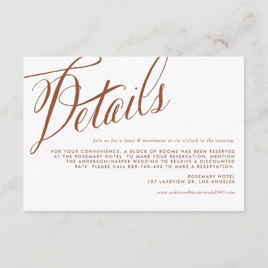 Terracotta rustieke kalligrafie bruiloft details informatiekaartje (Voorkant)