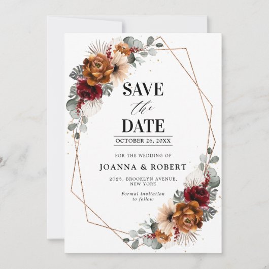 Terracotta Sage Burgundy Floral Geometric Wedding Save The Date (Voorkant)