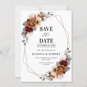 Terracotta Sage Burgundy Floral Geometric Wedding Save The Date