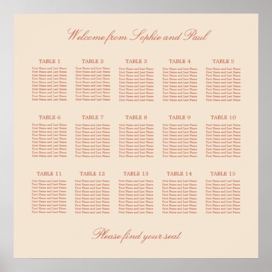 Terracotta Script 15 Table Wedding Seating Poster (Voorkant)