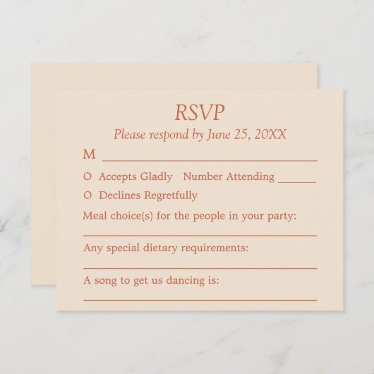 Terracotta Script Guest Choices Bruiloft RSVP Kaar (Voorkant / Achterkant)