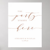 Terracotta sierlijk script Het feest begint hier Poster (Voorkant)