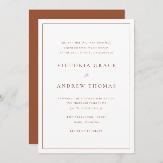 Terracotta Simple Typography Formal Wedding Kaart (Voorkant / Achterkant)