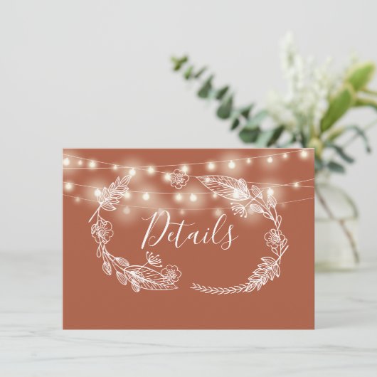 Terracotta String Lights Bruiloft Details Kaart (Staand voorkant)