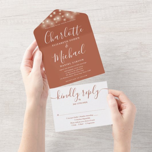 Terracotta String Lights Elegant Script Wedding All In One Uitnodiging (Afscheurbaar)