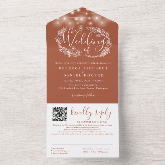 Terracotta String Lights QR Code Bruiloft All In One Uitnodiging (Binnen)