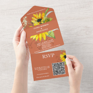 Terracotta Sunflower QR Code Tout en un Invitation