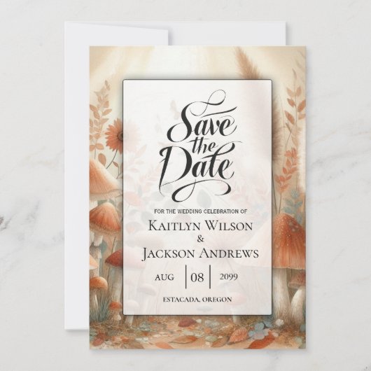 Terracotta Toadstool Woodland Magic Wedding Save The Date (Voorkant)