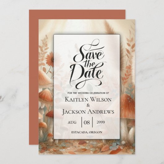 Terracotta Toadstool Woodland Magic Wedding Save The Date (Voorkant / Achterkant)