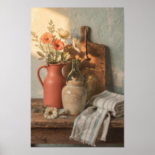 Terracotta vaas met klaprozen en linnen poster