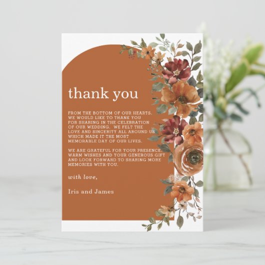 Terracotta Verbrand Sinaasappel Roest Bloemen Fall Bedankkaart (Staand voorkant)