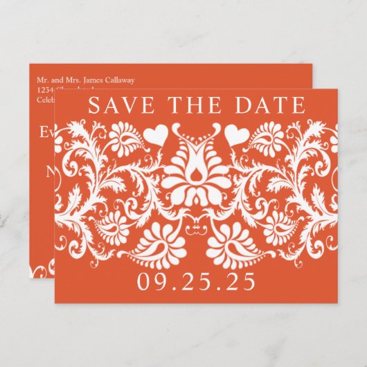 Terracotta Victoriaans Bloemen Damask Save the Dat Aankondigingskaart (Voorkant / Achterkant)