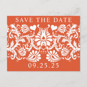 Terracotta Victoriaans Bloemen Damask Save the Dat Aankondigingskaart