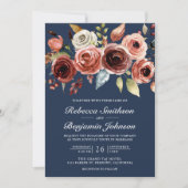 Terracotta Waterverf Floral Navy QR Code Weddensch Kaart (Voorkant)