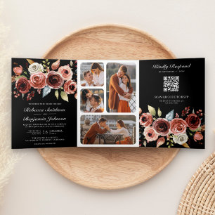 Terracotta Waterverf Floral QR Code Black Weddensc Drieluik Uitnodiging