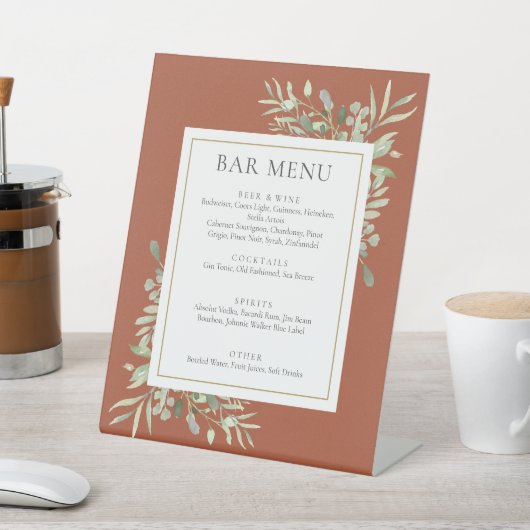 Terracotta Waterverf Groen Bladblok Menu Reclamebord Met Voetstuk (Insitu)