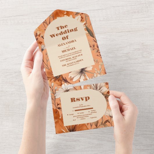 Terracotta Waterverf Wildflower Bruiloft All In One Uitnodiging (Afscheurbaar)