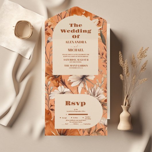 Terracotta Waterverf Wildflower Bruiloft All In One Uitnodiging