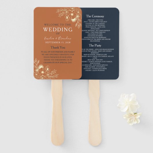 Terracotta Wedding Program Hand Fan Handwaaier (Voorkant en achterkant)