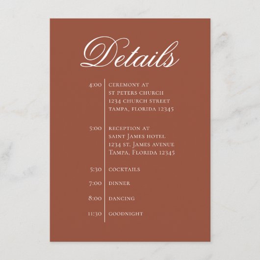 Terracotta Wedding Timeline Details Simple RSVP Informatiekaartje (Voorkant)