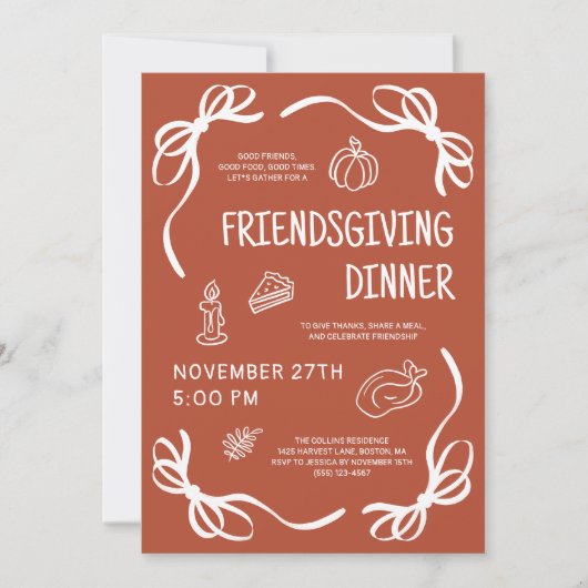 Terracotta Whimsical Hand Drawn Bow Friendsgiving Kaart (Voorkant)