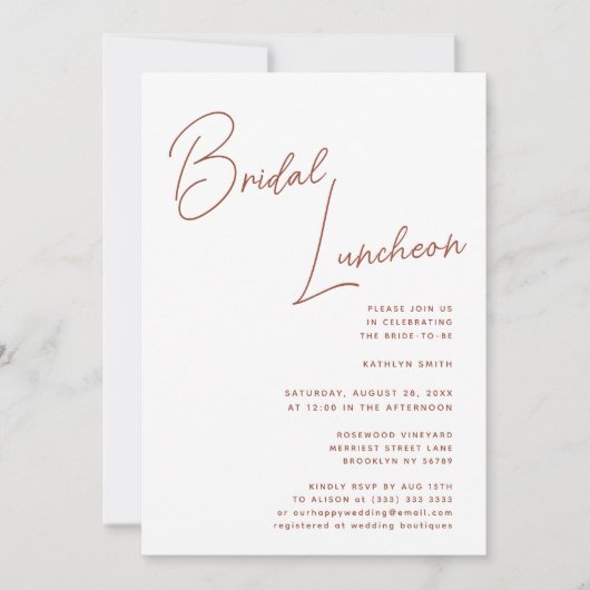 Terracotta Whimsical Script Chique Bridal Luncheon Kaart (Voorkant)