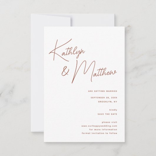 Terracotta Whimsical Script Minimalistisch Modern Save The Date (Voorkant)