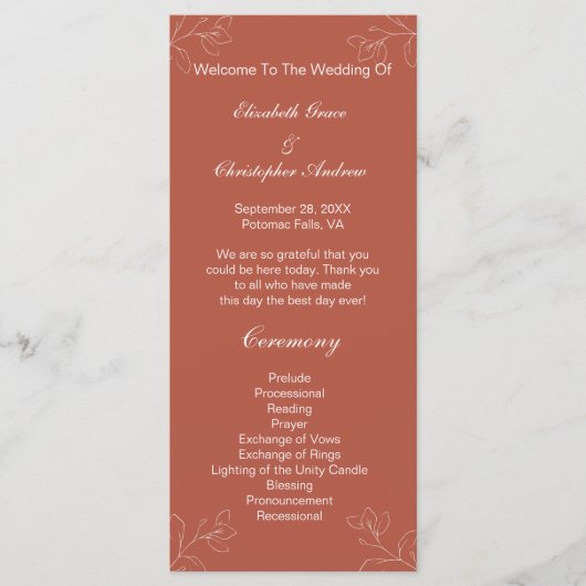 Terracotta White Floral Botanical Wedding Programm Menu (Voorkant)