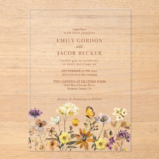 Terracotta Wilde Bloem Boho Herfst Bruiloft Acryl Uitnodigingen (Voorkant)