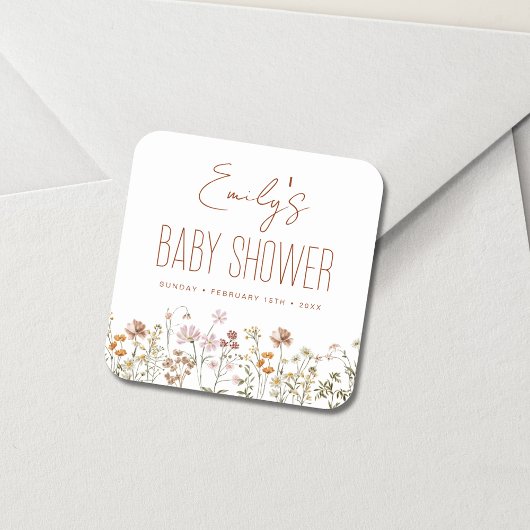 Terracotta Wildflower Boho Baby shower in Bloom Vierkante Sticker