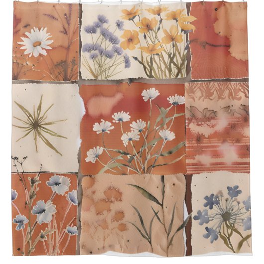 Terracotta Wildflower Patchwork Boho Rustic Spring Douchegordijn (Voorkant)