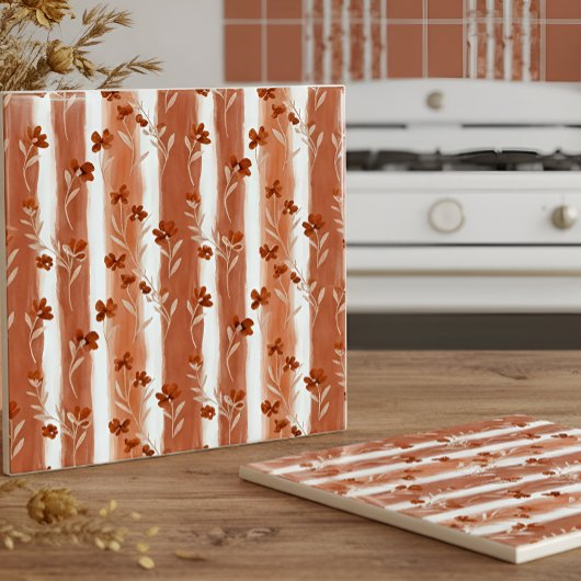 Terracotta Wildflower Vertical Stripe Boho Pattern Tegeltje