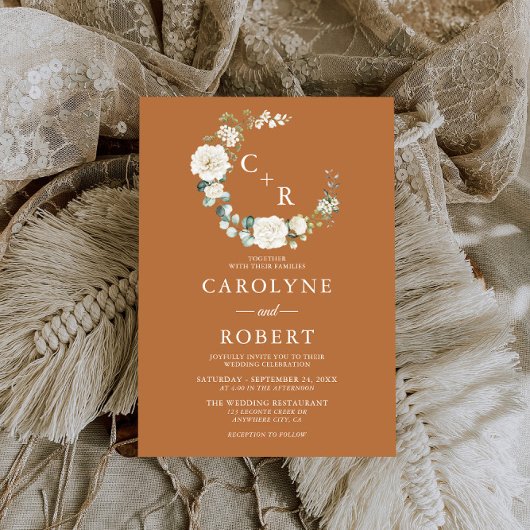 Terracotta & Witte Bloemen Monogram krans bruiloft Kaart