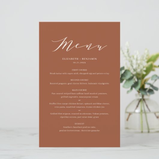 Terracottta Minimalist Script Wedding Menu Kaart (Staand voorkant)