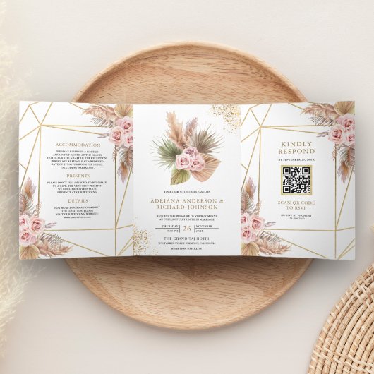 Terrarium Pampas Dusty Roses QR Code Weddenschap Drieluik Uitnodiging