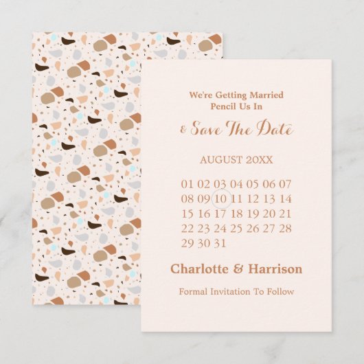 Terrazzo Abstract Moderne Aardse Bruiloft Save The Date (Voorkant / Achterkant)
