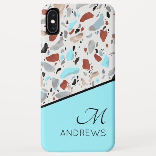 Terrazzo Blau Monogram Personaliseerde Naam Case-Mate iPhone Case (Achterkant)