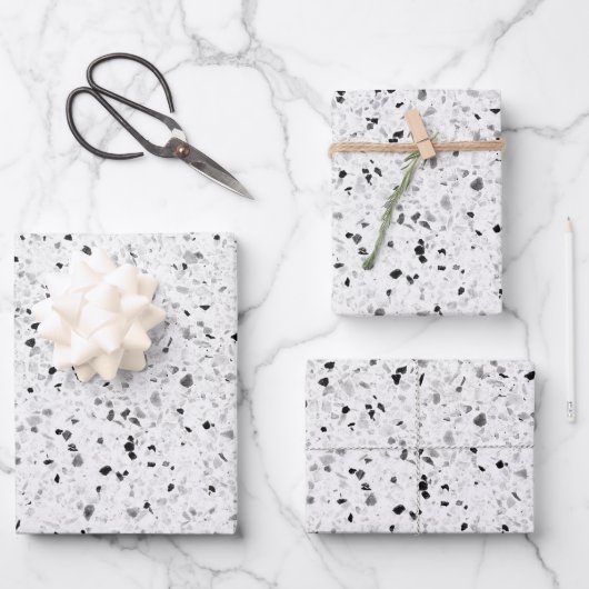 Terrazzo Elegant Black en White Grey Retro Inpakpapier Vel (Voorkant)