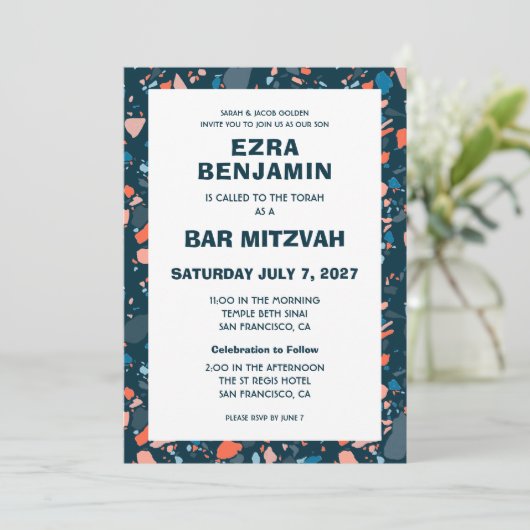 Terrazzo Hand getrokken Custom Bar Bat Mitswa Kaart (Staand voorkant)