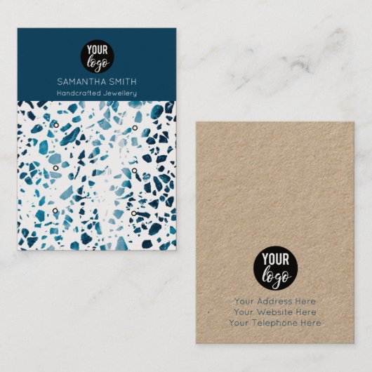 Terrazzo Mosaic Blue 3 Stud Earning Display Card Visitekaartje (Voorkant / Achterkant)