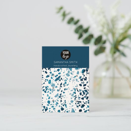 Terrazzo Mosaic Blue 3 Stud Earning Display Card Visitekaartje (Staand voorkant)