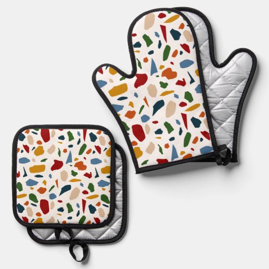 Terrazzo patroon kleurrijk ovenwant & pannenlap set (Voorkant / Achterkant)