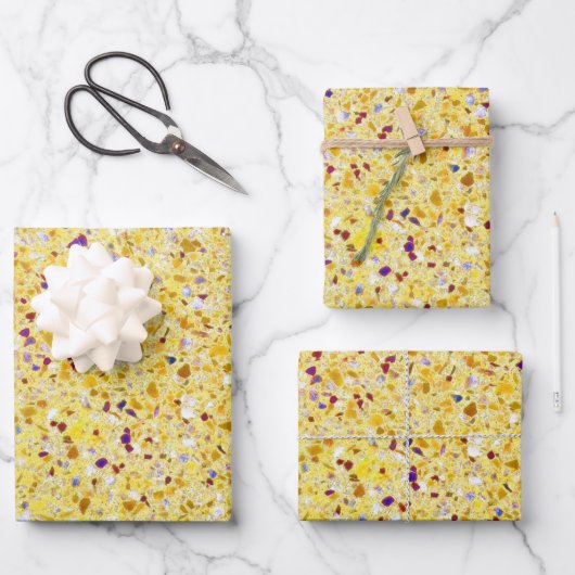 Terrazzo Retro Yellow Gold Paars  Pattern Inpakpapier Vel (Voorkant)