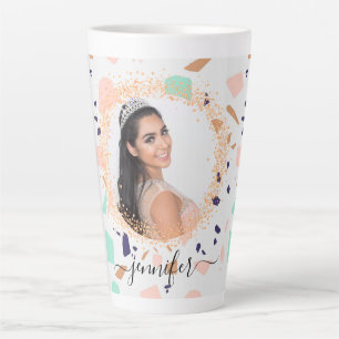 Terrazzo roos gouden munt wit foto naam script latte mok