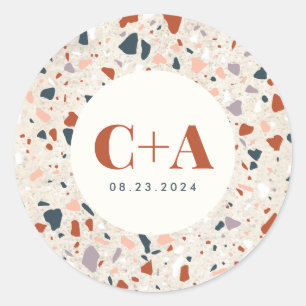 Terrazzo Slab Bruiloft Monogram en Datum Ronde Sticker