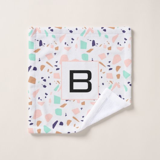 Terrazzo white blush mint monogram initiaal bad handdoek (Wasdoekje)
