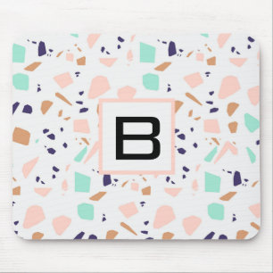 Terrazzo white blush mint monogram initiaal muismat