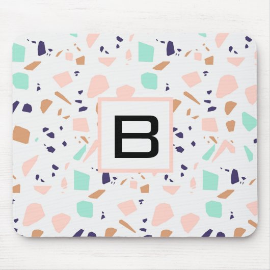 Terrazzo white blush mint monogram initiaal muismat (Voorkant)