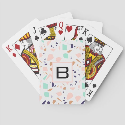 Terrazzo white blush mint monogram initiaal pokerkaarten (Achterkant)
