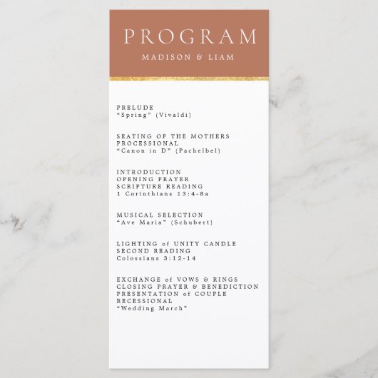 Terrecotta Gold foil Wedding Programme Menu (Voorkant)